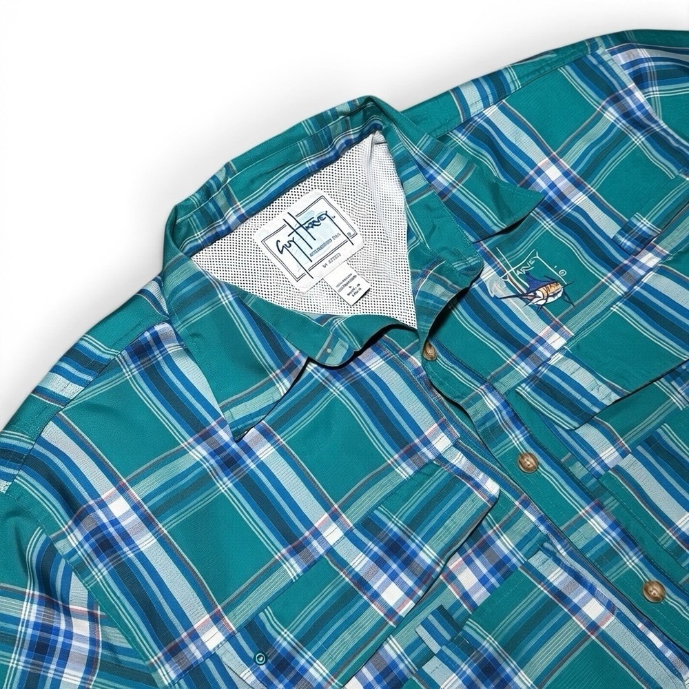 Guy Harvey Plaid Fishing Shirt Mens Large Blue Green Button‎ Front